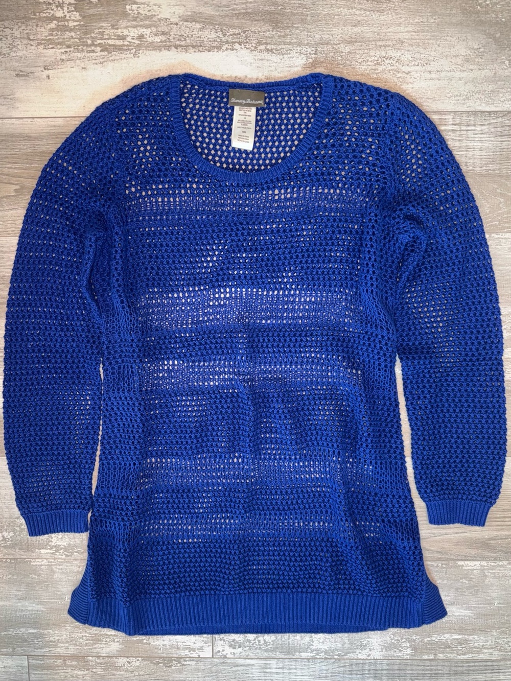 Tommy Bahama Blue Crochet Knit Swim Cover Up Tunic Cotton Linen Beach Sweater